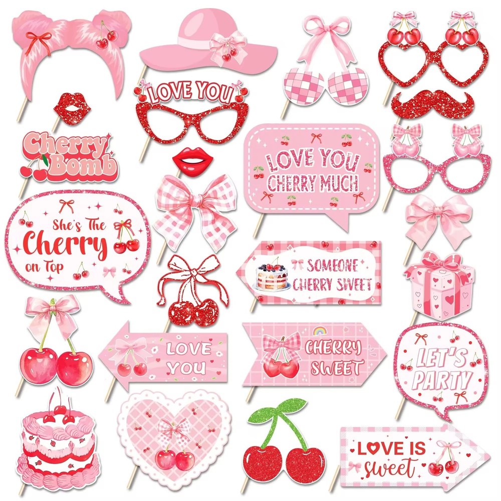 Cherry Photo Booth Props with Stick 25 PCS Pink Bow Themed Party Supplies