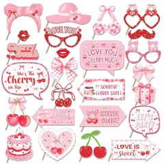 Cherry Photo Booth Props with Stick 25 PCS Pink Bow Themed Party Supplies