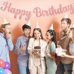 Glitter Rose Gold Cursive Happy Birthday Banner PreStrung 10 Feet | Pink Hap…