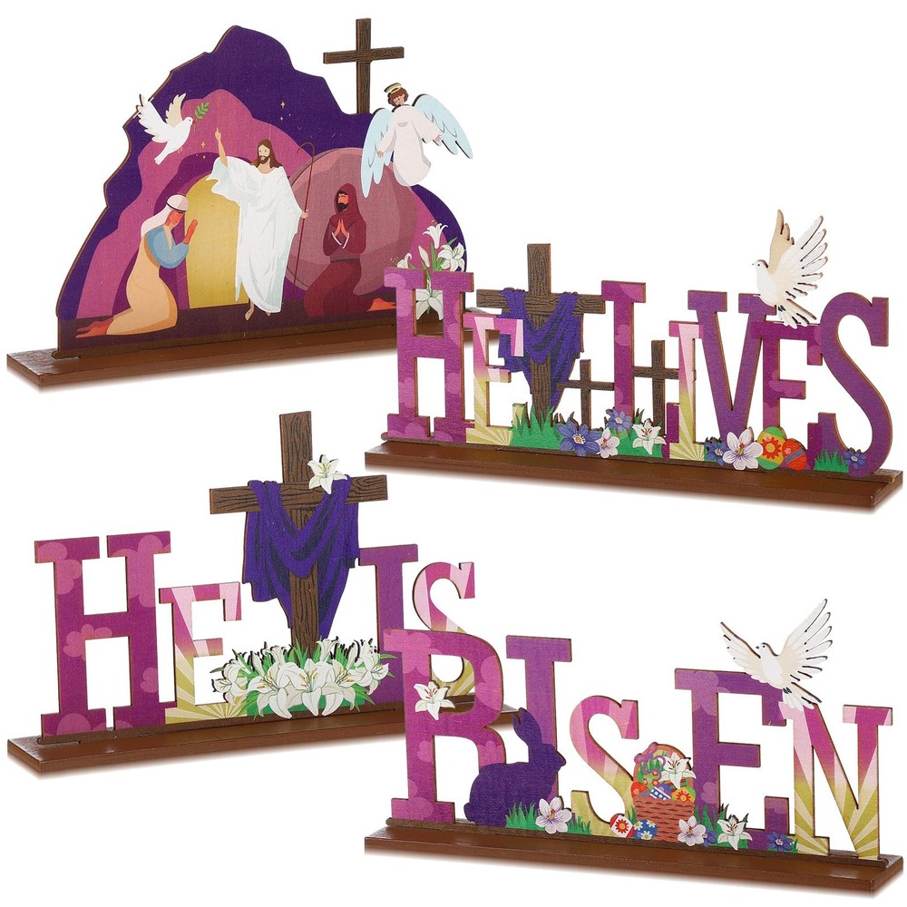 4 Pcs Easter Table Decorations He is Risen Tabletop Decorations Resurrection Sc