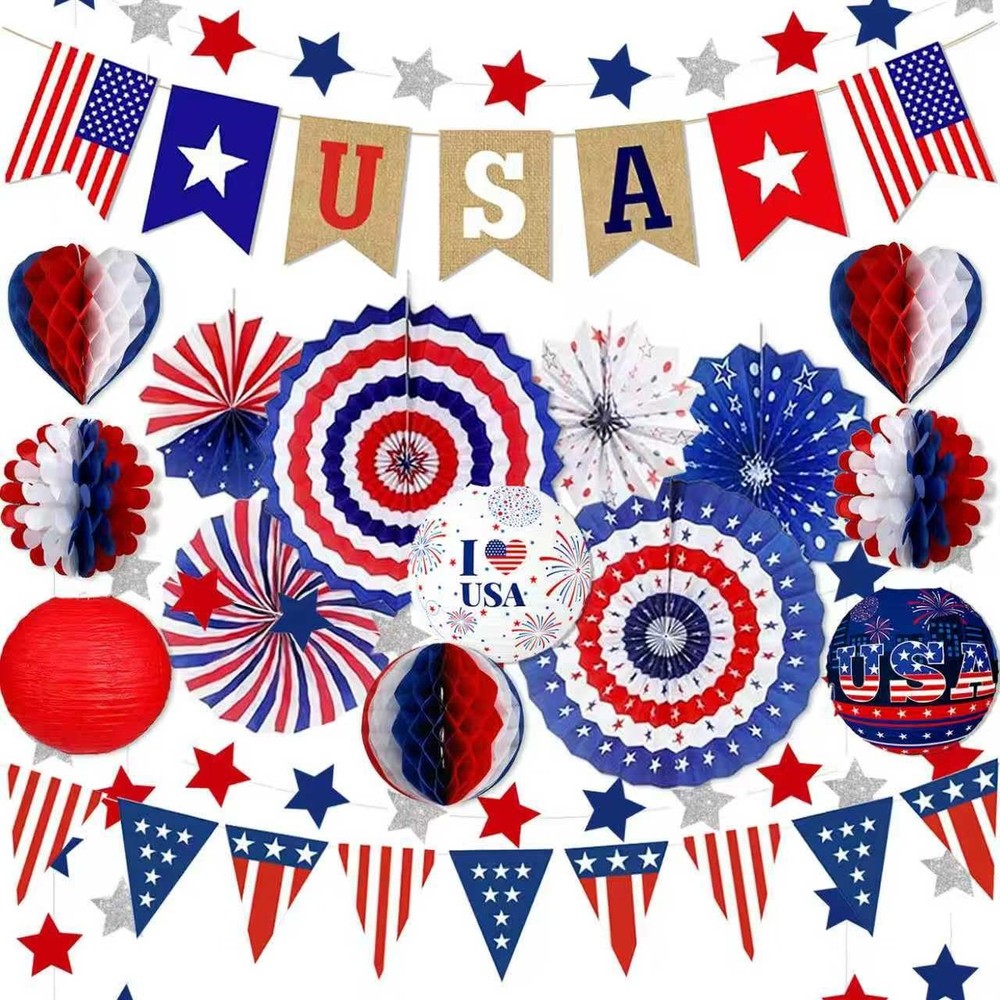 Patriotic Party Decorations, USA Banner with Red White Blue Fans, Hanging Hon…