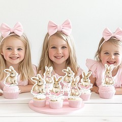 36Pcs Pink Bow Floral Bunny Cupcake Toppers Rabbit Theme Birthday Picks