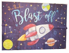 Photo Backdrop 3…2…1… Blast Off Rocket in Space – Pictures 6’L x 5’H, EUC