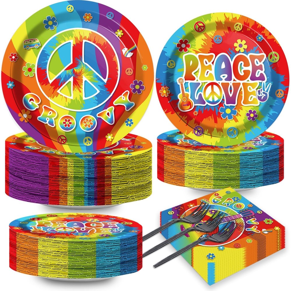 200pcs 60’s Hippie Party Plates Napkins 9-inch, 7-inch, 6.5-inch, Colorful
