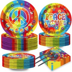 200pcs 60’s Hippie Party Plates Napkins 9-inch, 7-inch, 6.5-inch, Colorful