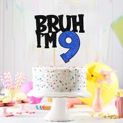 1 PCS Bruh I’m 9 Cake Topper Glitter Happy 9th Birthday Pick Blue Supplies
