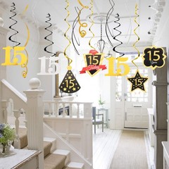 12 PCS Happy 15th Birthday Black Gold Foil Hanging Swirls Decorations