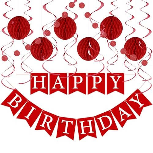 Birthday Decorations Kit – 16-Piece Set with Pre-Strung Happy Birthday Red