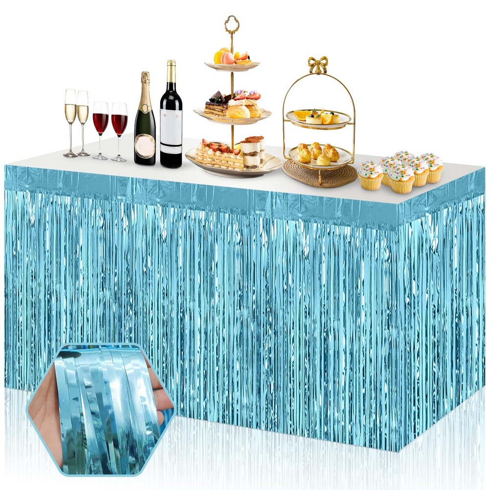 3 Pack 29×108 Inch Light Blue Foil Fringe Table Skirts Metallic