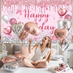 Pink Happy Birthday Banner Bow Rose Gold Princess Happy Birthday Backdrop Pin…