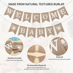 Welcome Baby Burlap Banner, Pre-Strung Unisex Baby Shower Decoration for Gender