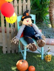 Large Stuffable Scarecrow in Witch Hat Fall / Halloween Porch Sitter 40″H #147