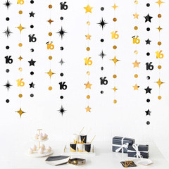 Black Gold 16Th Birthday Decorations Number 16 Circle Dot Twinkle Star Garland S