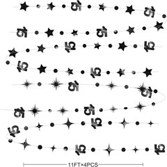 Black 15Th Birthday Decorations Number 15 Circle Dot Twinkle Star Garland Metall