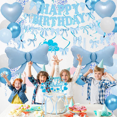 Blue Bow Birthday Decorations, Happy Birthday Banner Garland and Hanging Swirls,