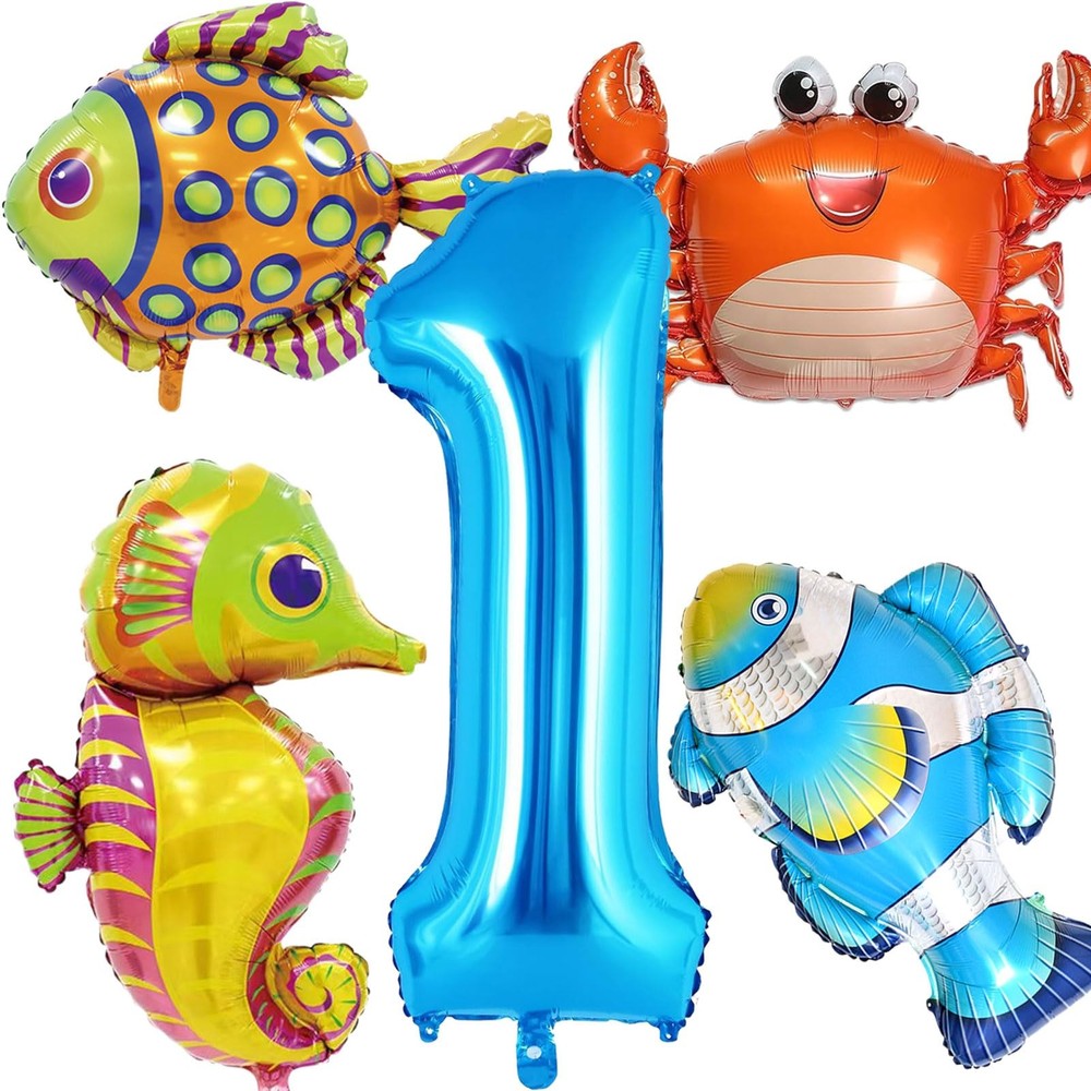 5 Pcs Sea Animal Balloons 40 Inch Large Blue Number 1 Balloon, Ocean Theme Fi…