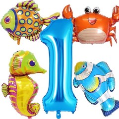 5 Pcs Sea Animal Balloons 40 Inch Large Blue Number 1 Balloon, Ocean Theme Fi…