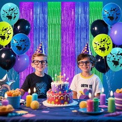 22pcs Video Game Birthday Decorations, Purple Blue Green 3.3×8.2ft Tinsel Foi…