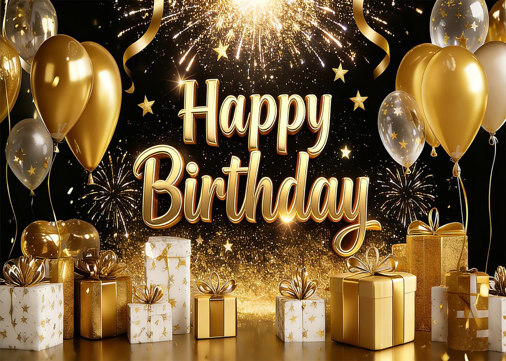 7X5Ft Black and Gold Happy Birthday Backdrop Glitter Balloon and Fireworks