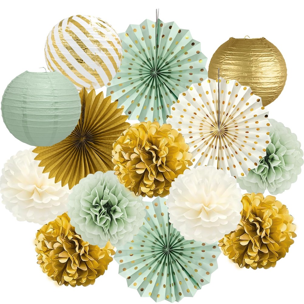 Sage Green Party Decorations, 14 Pcs Green and Gold Hanging Fans, Lanterns, P…