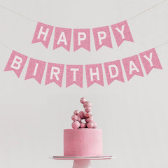 Pink Birthday Banner, Fabric Pre-strung Glitter Sign for Women’s Party Decoratio