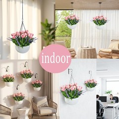 Artificial Tulips Flowers Hanging Basket for Indoor Outdoor, Realistic Pink F…