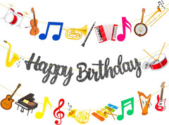 Music Instrument Birthday Party Banners Black Glitter Happy Birthday Banners Mus