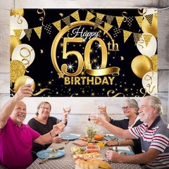 Extra Large Black Gold 50th Birthday Party Decoration Banner – 72.8 x 43.3 Inch