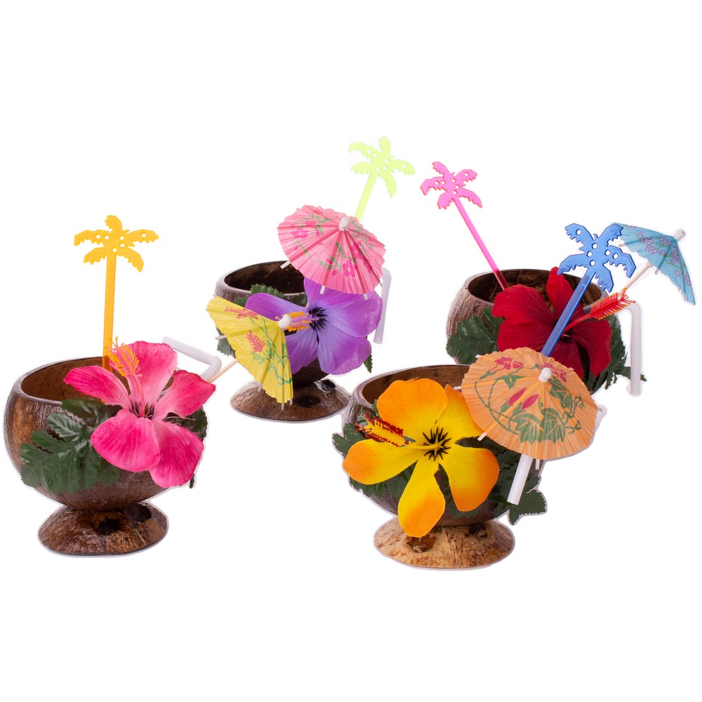 Luau 4 Person Coconut Cup, Pick & Stirrer 16pc Party Drinkware Pack, Brown Multi