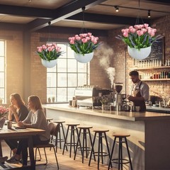 Artificial Tulips Flowers Hanging Basket for Indoor Outdoor, Realistic Pink F…