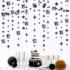 Black 15Th Birthday Decorations Number 15 Circle Dot Twinkle Star Garland Metall
