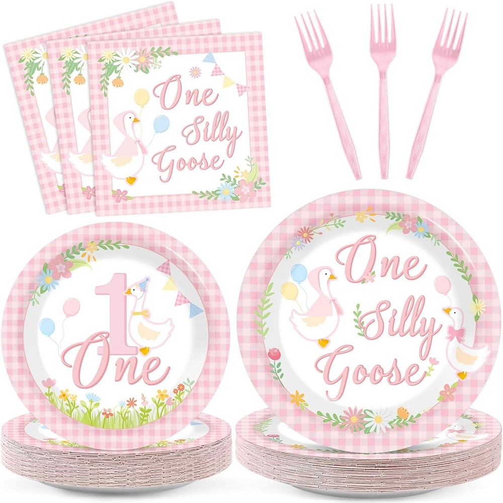 Pink One Silly Goose Birthday Disposable Tableware (Plates, Napkins, Forks)