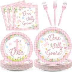 Pink One Silly Goose Birthday Disposable Tableware (Plates, Napkins, Forks)