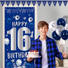 16th Birthday Decorations for Boys Girls, Blue Silver 16th, &