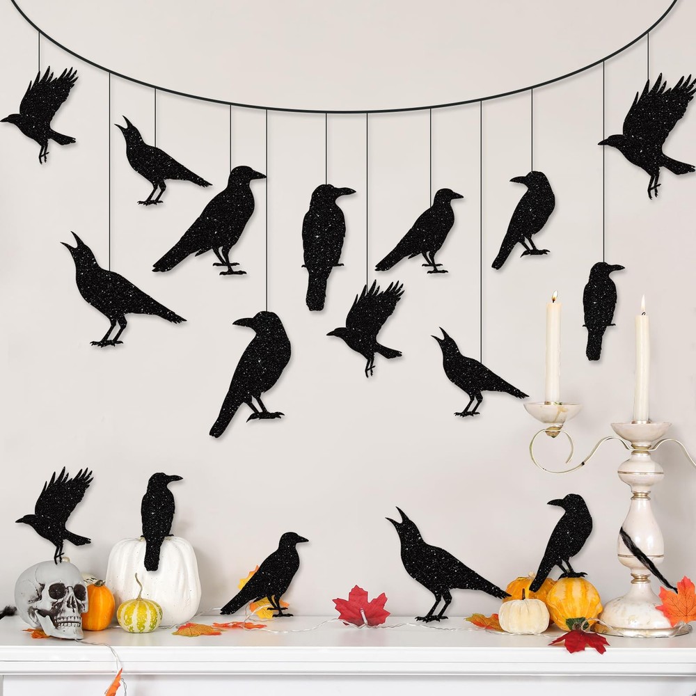 40pcs Glitter Black Crow Halloween Decorations Bird Raven Hanging