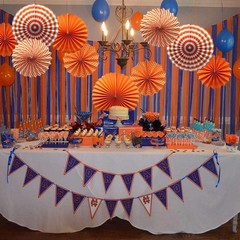 Party Hanging Paper Fans Set, Orange round Pattern Paper Garlands Decoration for