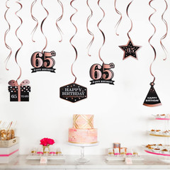 Happy 65th Birthday Decorations – 12Pcs Birthday Black & Rose Gold Swirls Stream