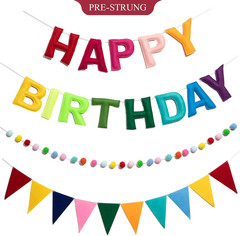 Felt Happy Birthday Banner Set, Pre-Strung 3D Happy Birthday Banner with Pom Pom
