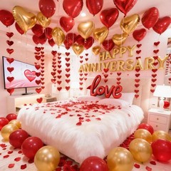 Romantic Anniversary Decorations with Red Hearts, Balloons & Silk Rose Petals