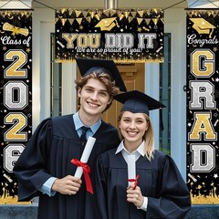 Graduation Decorations Class of 2026 Graduation Banner 3 Pieces Set Black Gold C