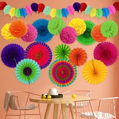 Fiesta Party Decorations, Multicolored Paper Pompoms Fan Garlands for Multi