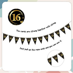 16Th Birthday Decorations Girls Boys – 37 Pcs Black Gold Banner Pennant Triangle