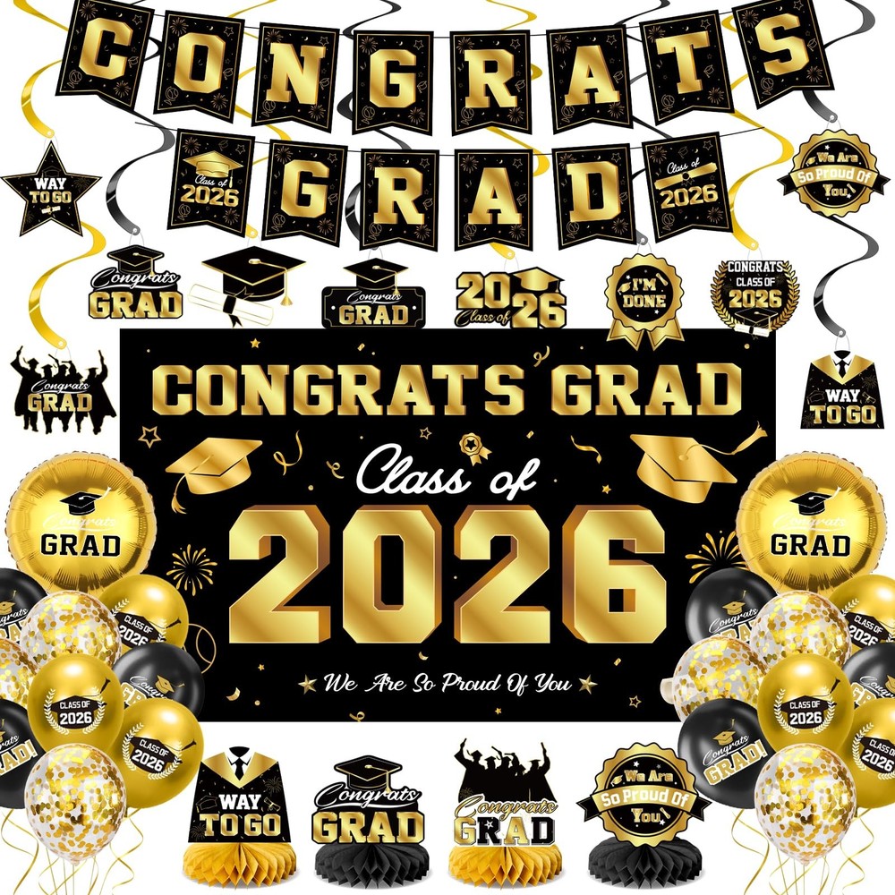 Class of 2026 Graduation Party Decor Kit Black Gold Banner Balloons Centerpieces