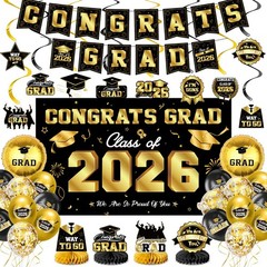 Class of 2026 Graduation Party Decor Kit Black Gold Banner Balloons Centerpieces