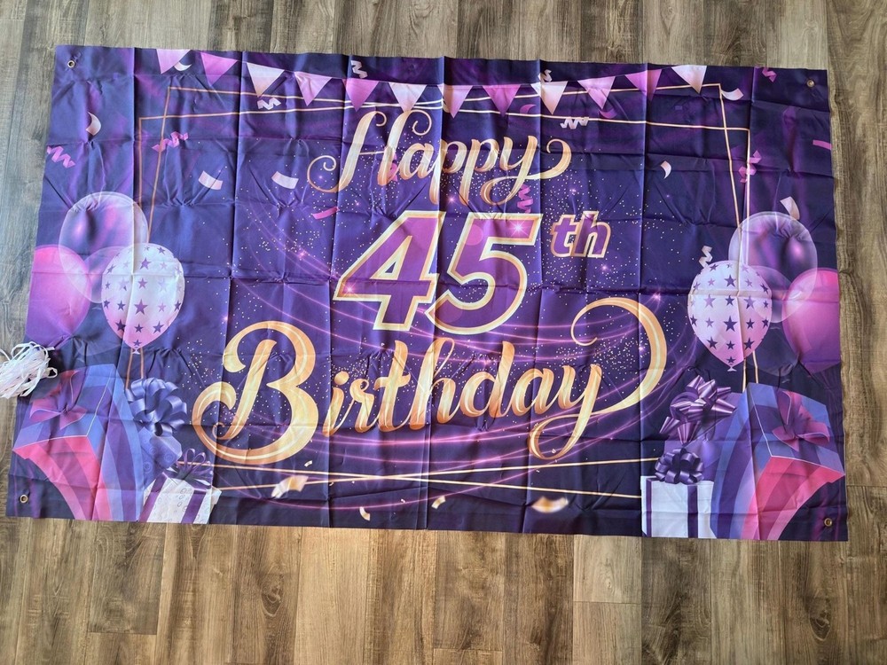 Happy 45th Birthday Banner | 71×42 inches | Purple and gold Tones