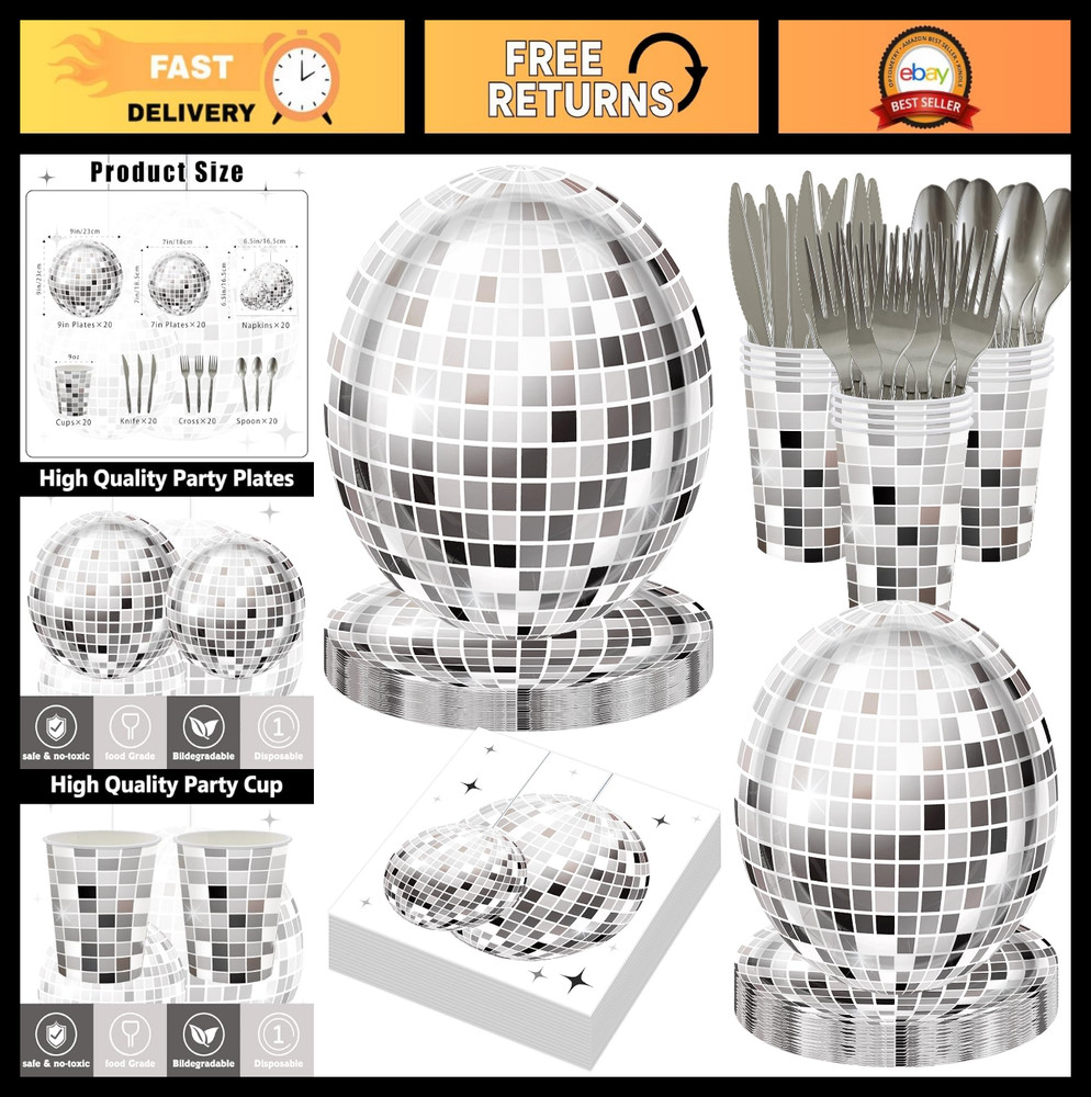 140PCS Disco Ball Party Decorations Set – Black Silver Plates & Napkins for 20 G