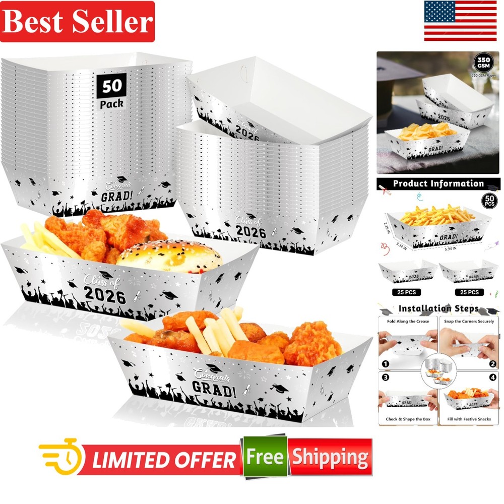 Graduation Party Paper Trays 50 Pcs Class of 2026 Silver Disposable Rectangular