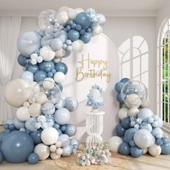 Dusty Blue Balloon Arch Kit with Clear Pastel Blue and White Balloons for Wed…