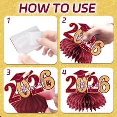 12 PCS Maroon Gold 2026 Graduation Honeycomb Centerpieces Table Toppers