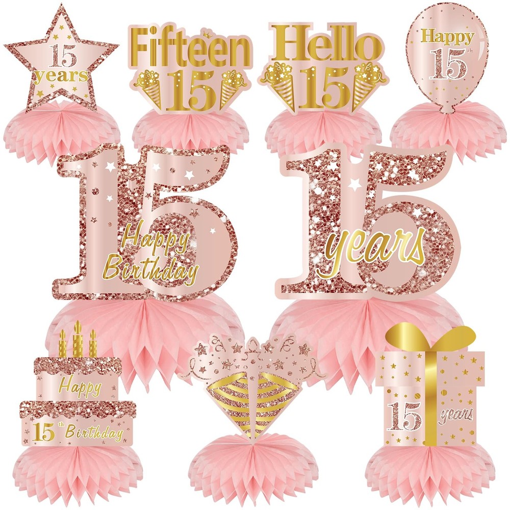 9 PCS Pink Rose Gold 15th Birthday Honeycomb Centerpieces Table Toppers